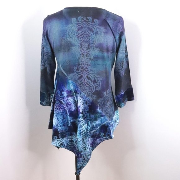 One World Women's M Blue Multi Ornate Velour Knit Asymmetrical Tunic Top - Picture 6 of 10